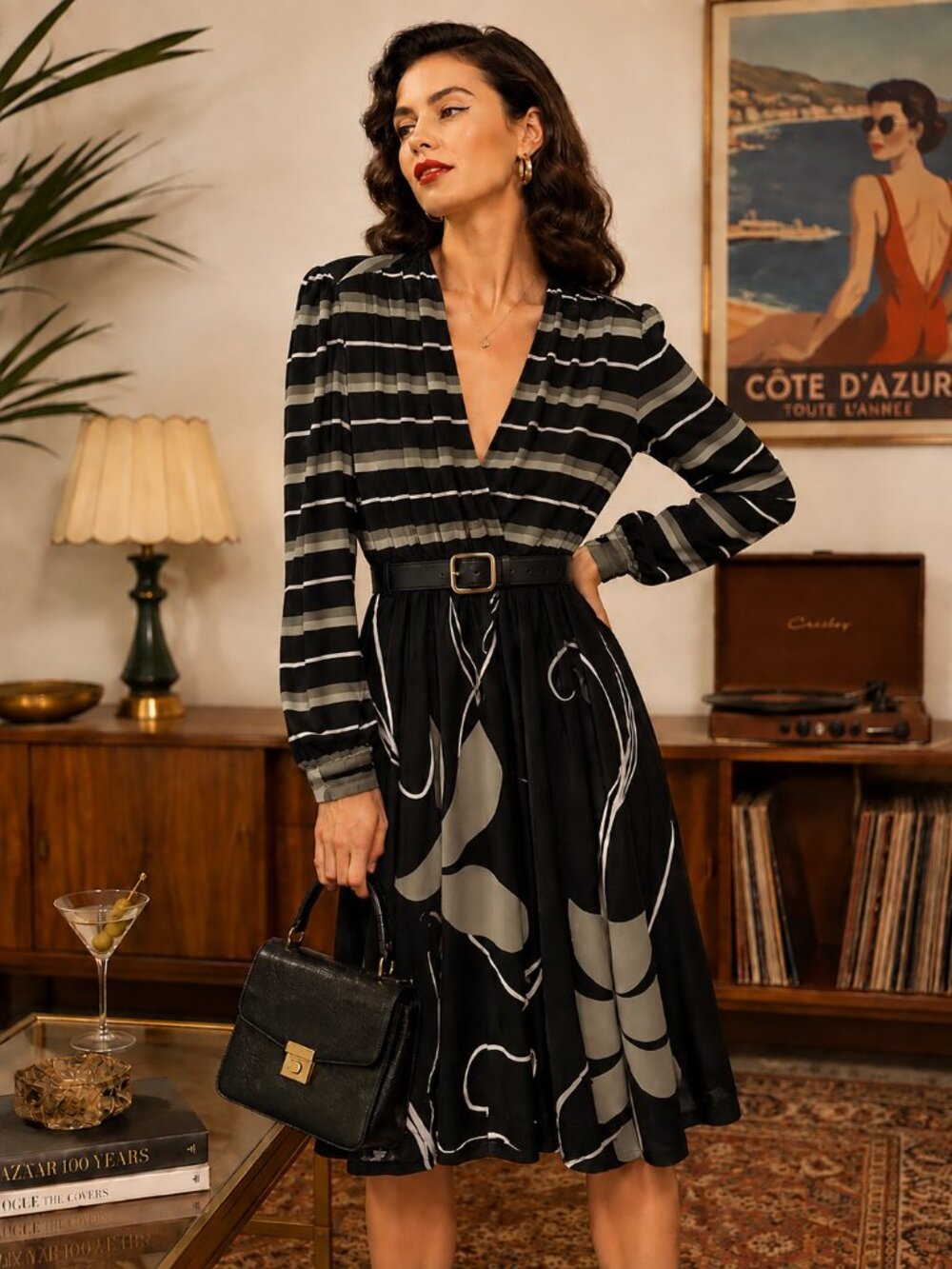 Vintage Black Green Striped Abstract Print Midi Dress S/M Retro Chic